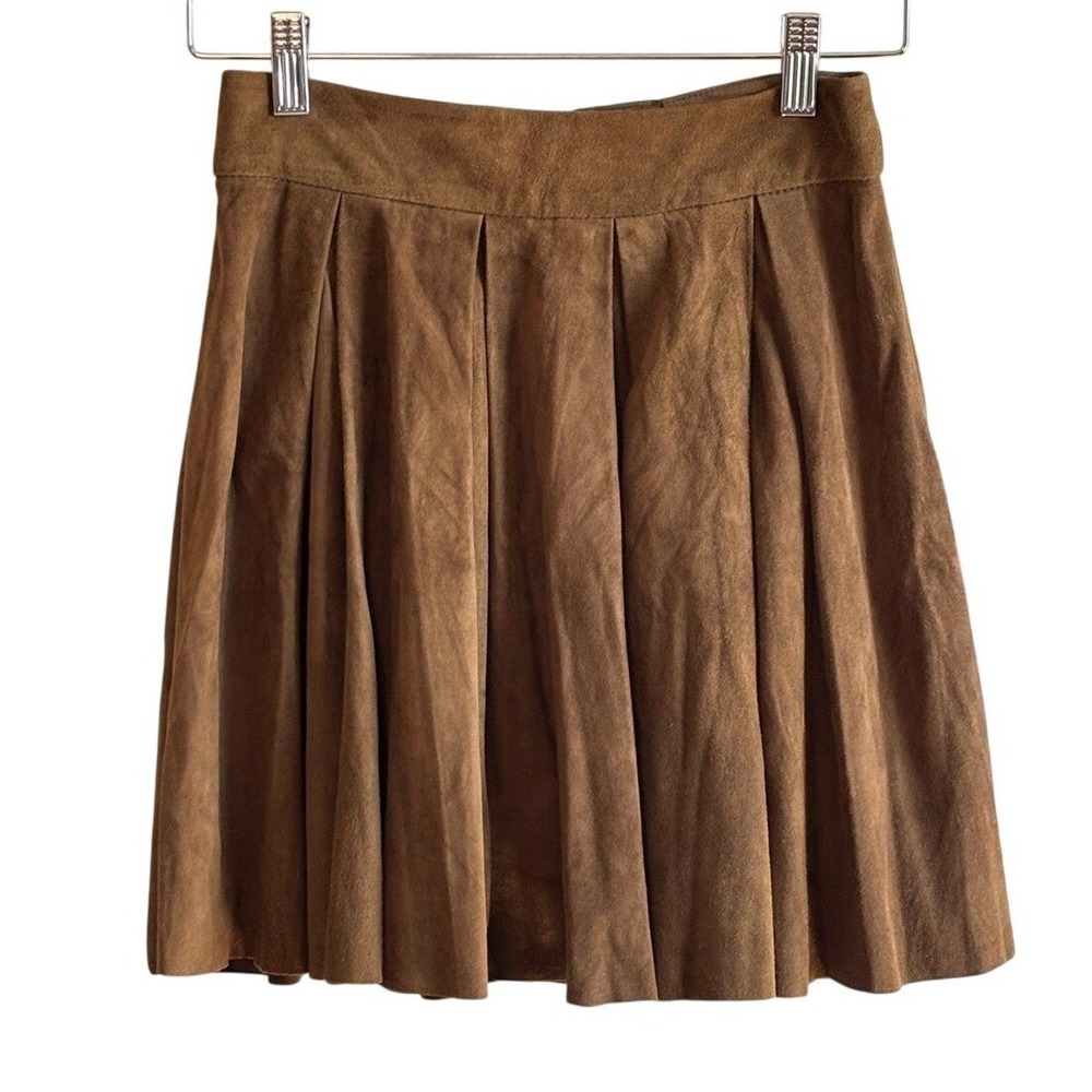 Alice + Olivia Pleated Skirt Brown Women XS Suede Mini Back Zip Collegiate